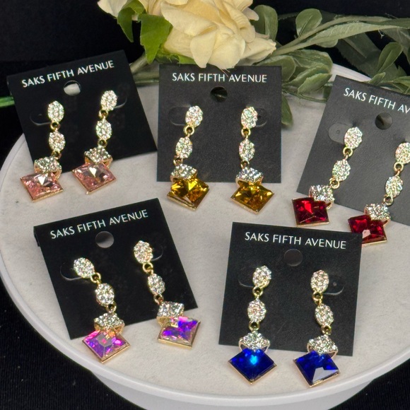 Saks Fifth Ave Pave Teardrop Crystal Post With Drop Blue Crystal Earrings - Picture 9 of 9